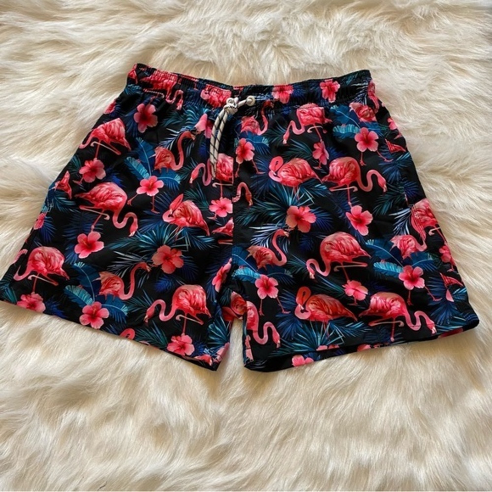 Shein‎ Mens Swim Trunks Size S Pockets DrawString Pink Birds Pull On